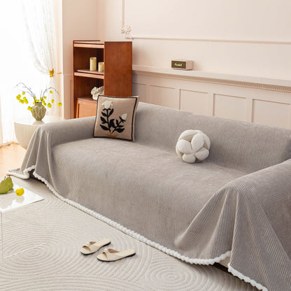 Textured Striped Cozy Couch Cover Throw Blanket with Pom Pom Trim for Sectional Sofa