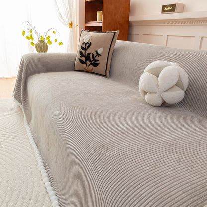 Textured Striped Cozy Couch Cover Throw Blanket with Pom Pom Trim for Sectional Sofa