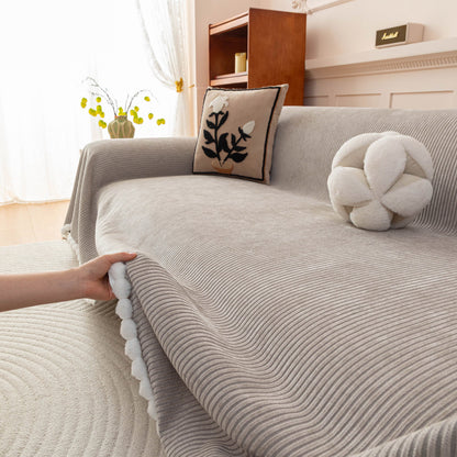 Textured Striped Cozy Couch Cover Throw Blanket with Pom Pom Trim for Sectional Sofa