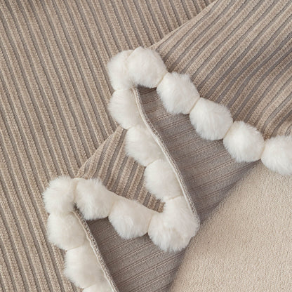 Textured Striped Cozy Couch Cover Throw Blanket with Pom Pom Trim for Sectional Sofa