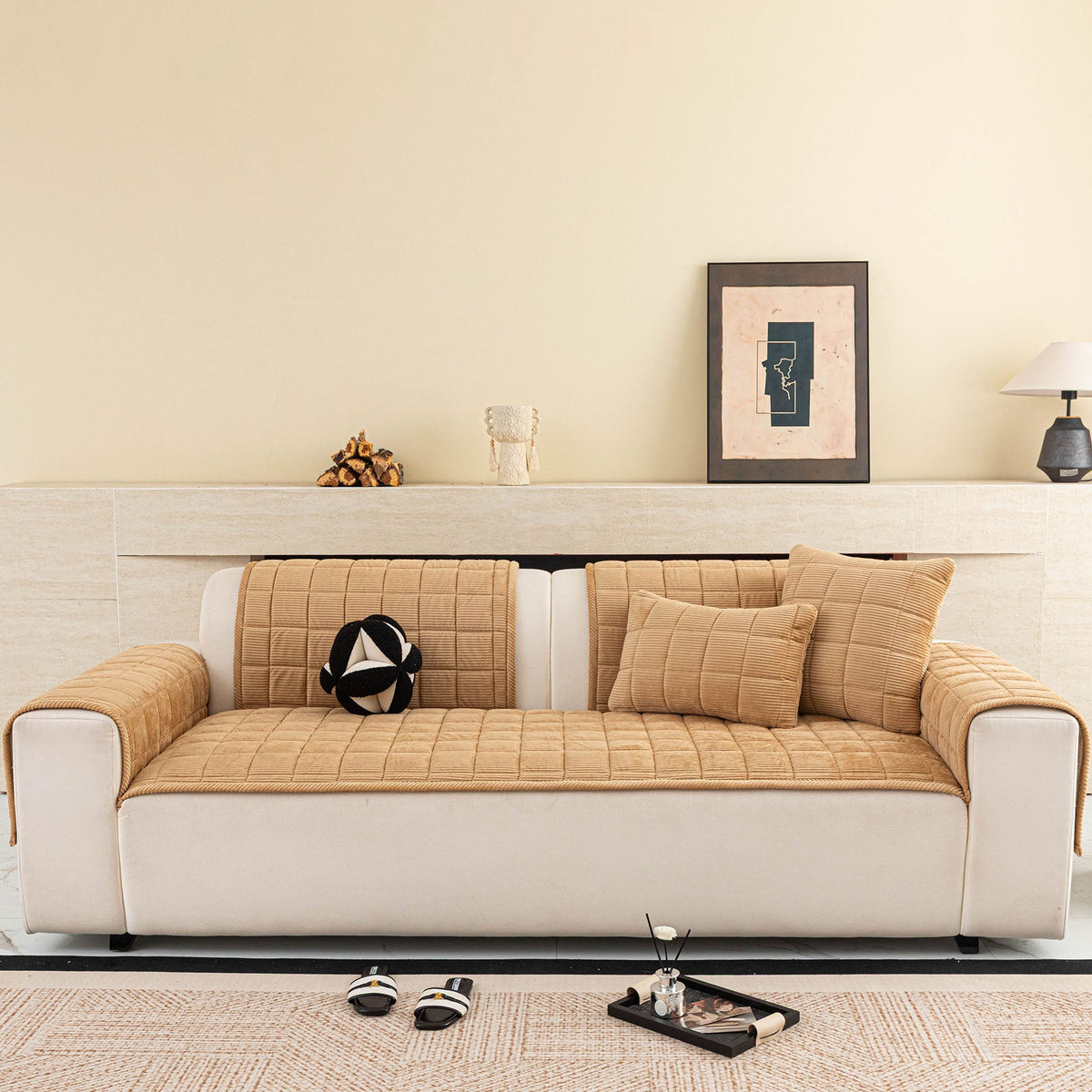 Quilted Corduroy Couch Topper, Non-Slip Soft Padded Sofa Protector for Pets & Kids