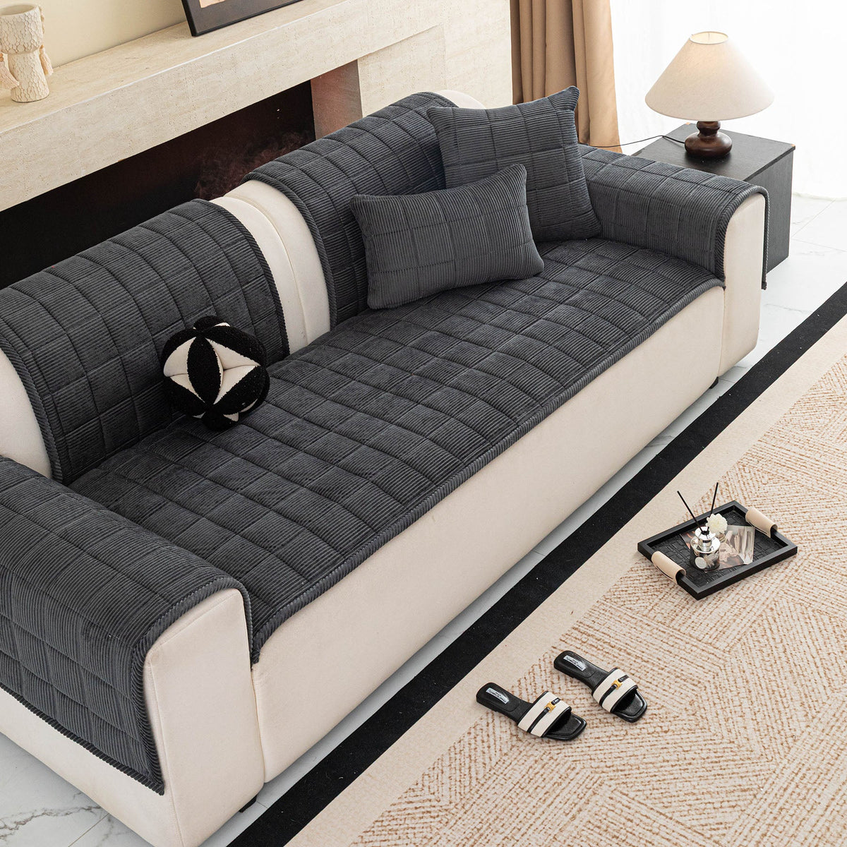 Quilted Corduroy Couch Topper, Non-Slip Soft Padded Sofa Protector for Pets & Kids