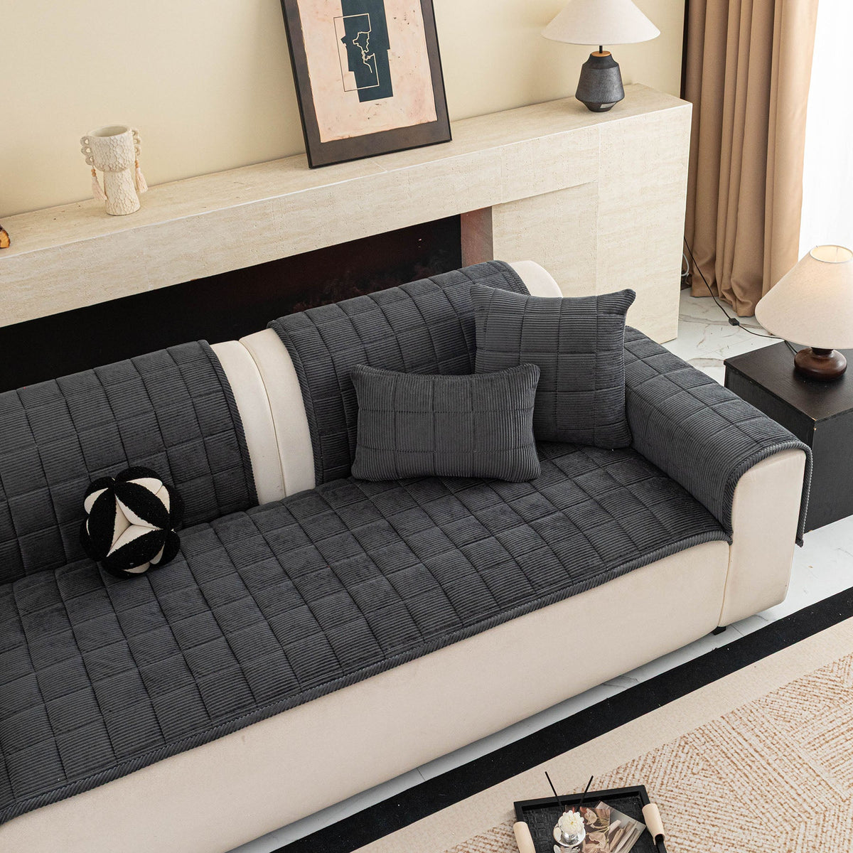 Quilted Corduroy Couch Topper, Non-Slip Soft Padded Sofa Protector for Pets & Kids
