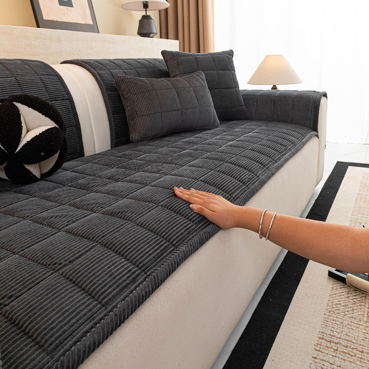 Quilted Corduroy Couch Topper, Non-Slip Soft Padded Sofa Protector for Pets & Kids