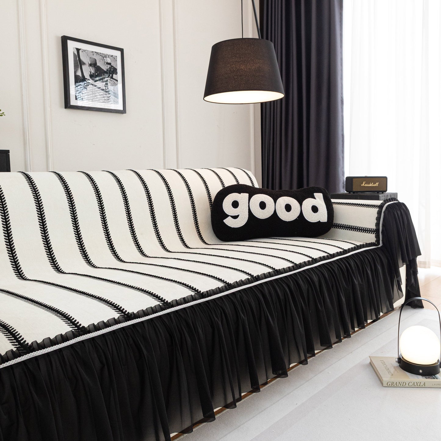 Leaf Stripe Sofa Cover with Black Sheer Skirt, Boho Soft Couch Slipcover for Pets