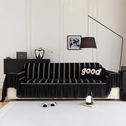 Leaf Stripe Sofa Cover with Black Sheer Skirt, Boho Soft Couch Slipcover for Pets
