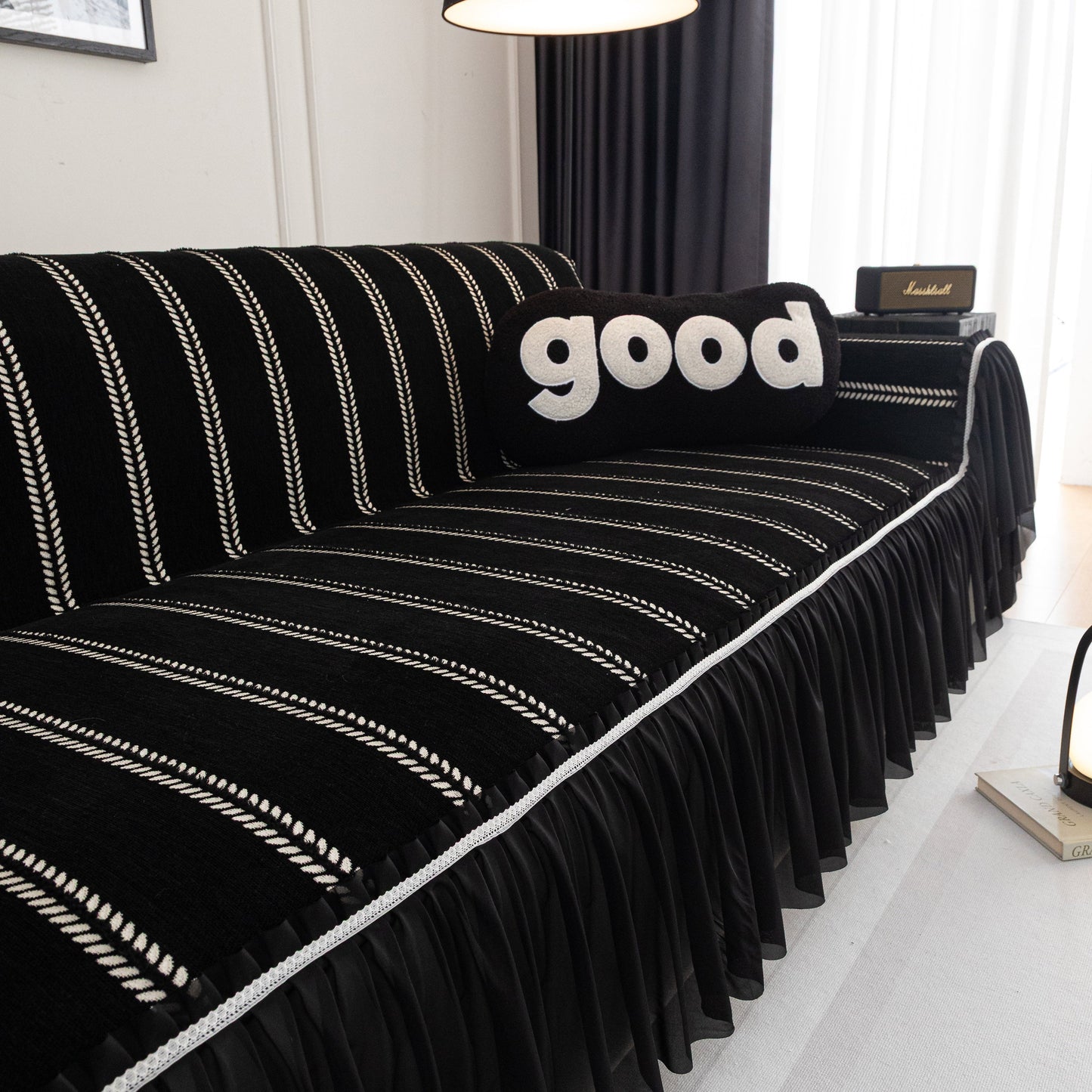 Leaf Stripe Sofa Cover with Black Sheer Skirt, Boho Soft Couch Slipcover for Pets
