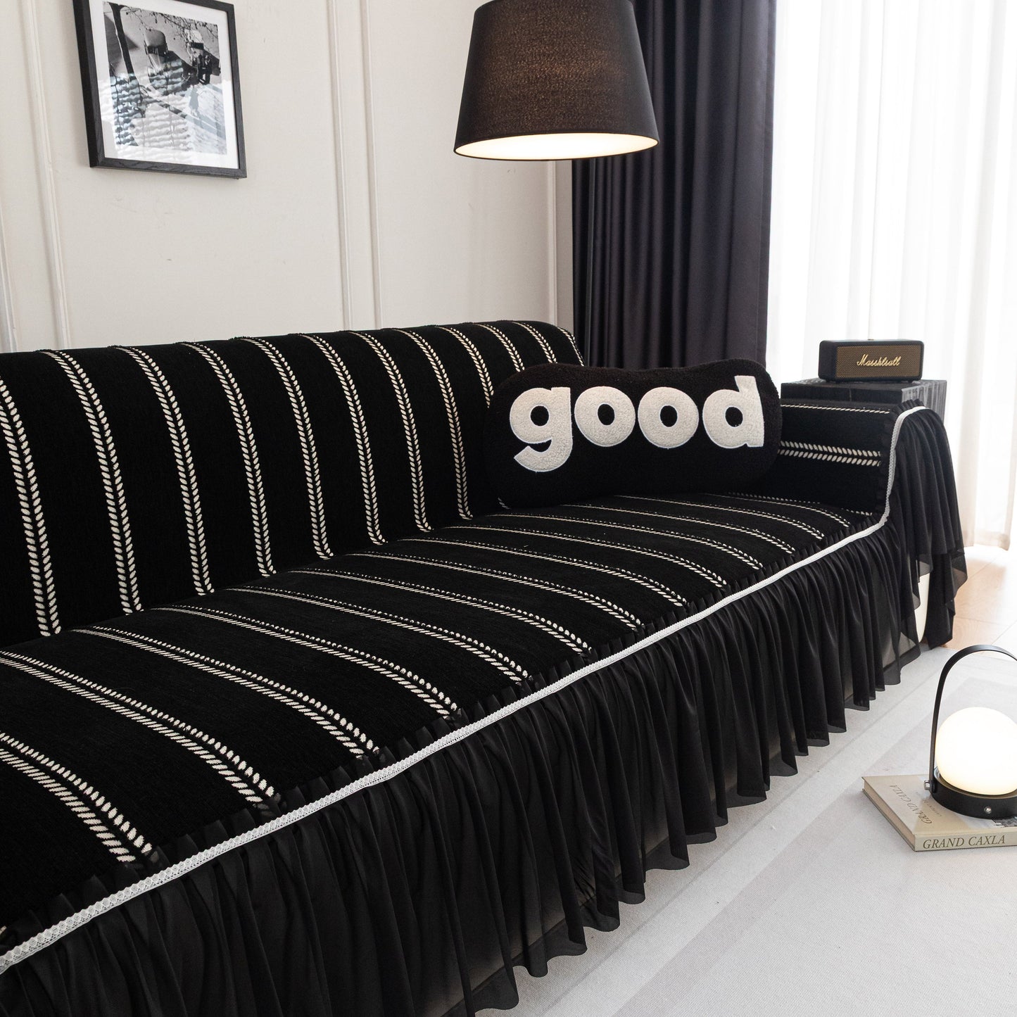 Leaf Stripe Sofa Cover with Black Sheer Skirt, Boho Soft Couch Slipcover for Pets