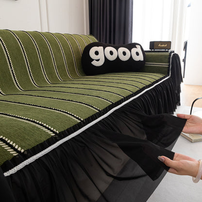 Leaf Stripe Sofa Cover with Black Sheer Skirt, Boho Soft Couch Slipcover for Pets