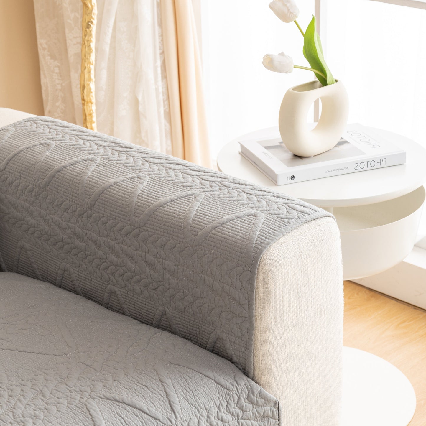 Geometric Textured Cotton Quilted Sofa Cover, Non-Slip Washable Couch Protector