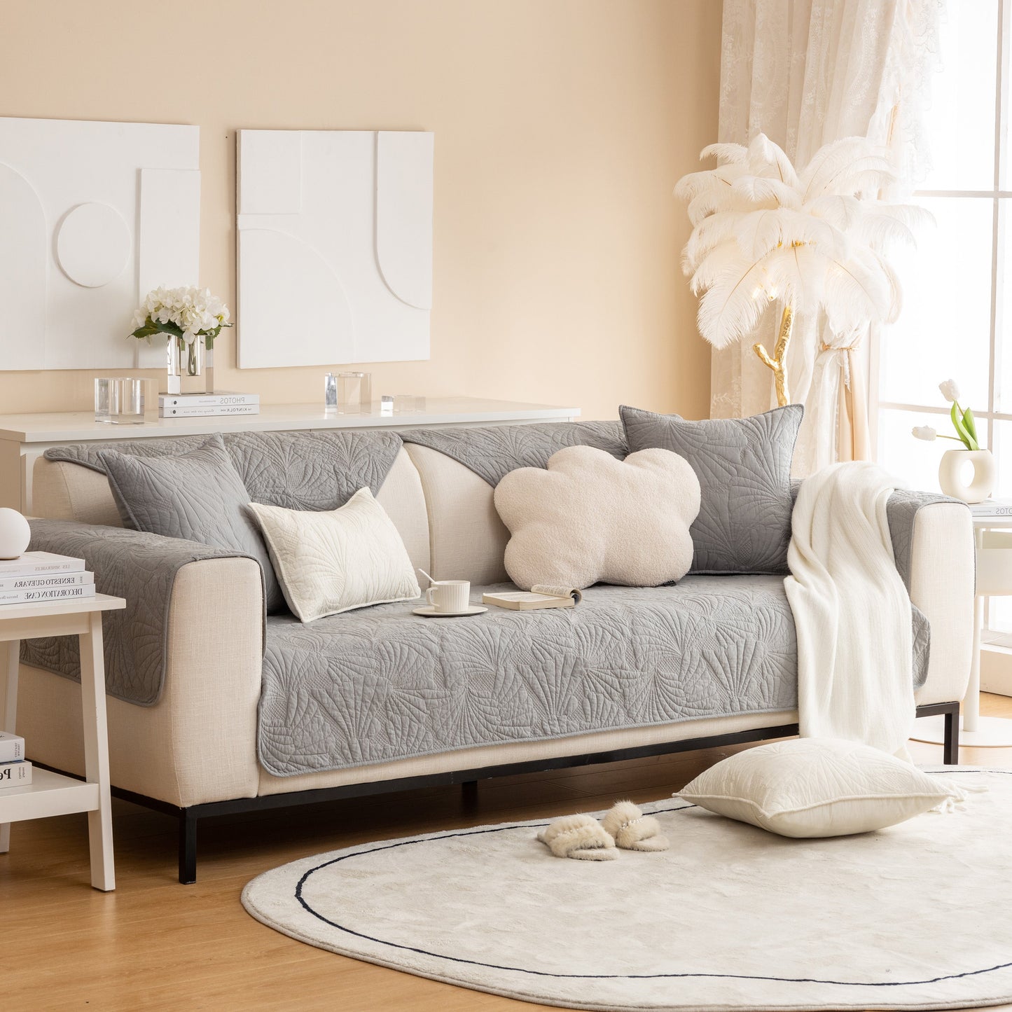 Embossed Leaf Cotton Quilted Sofa Cover Non-Slip Couch Protector with Thick Padding