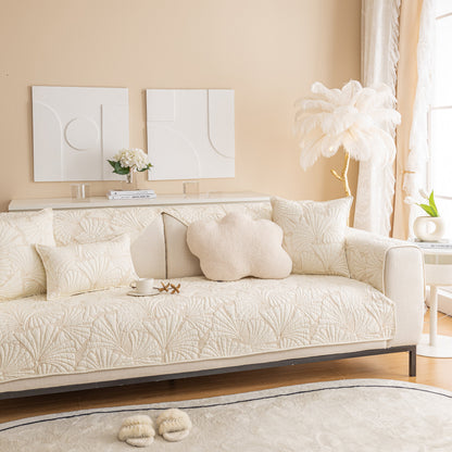 Embossed Leaf Cotton Quilted Sofa Cover Non-Slip Couch Protector with Thick Padding