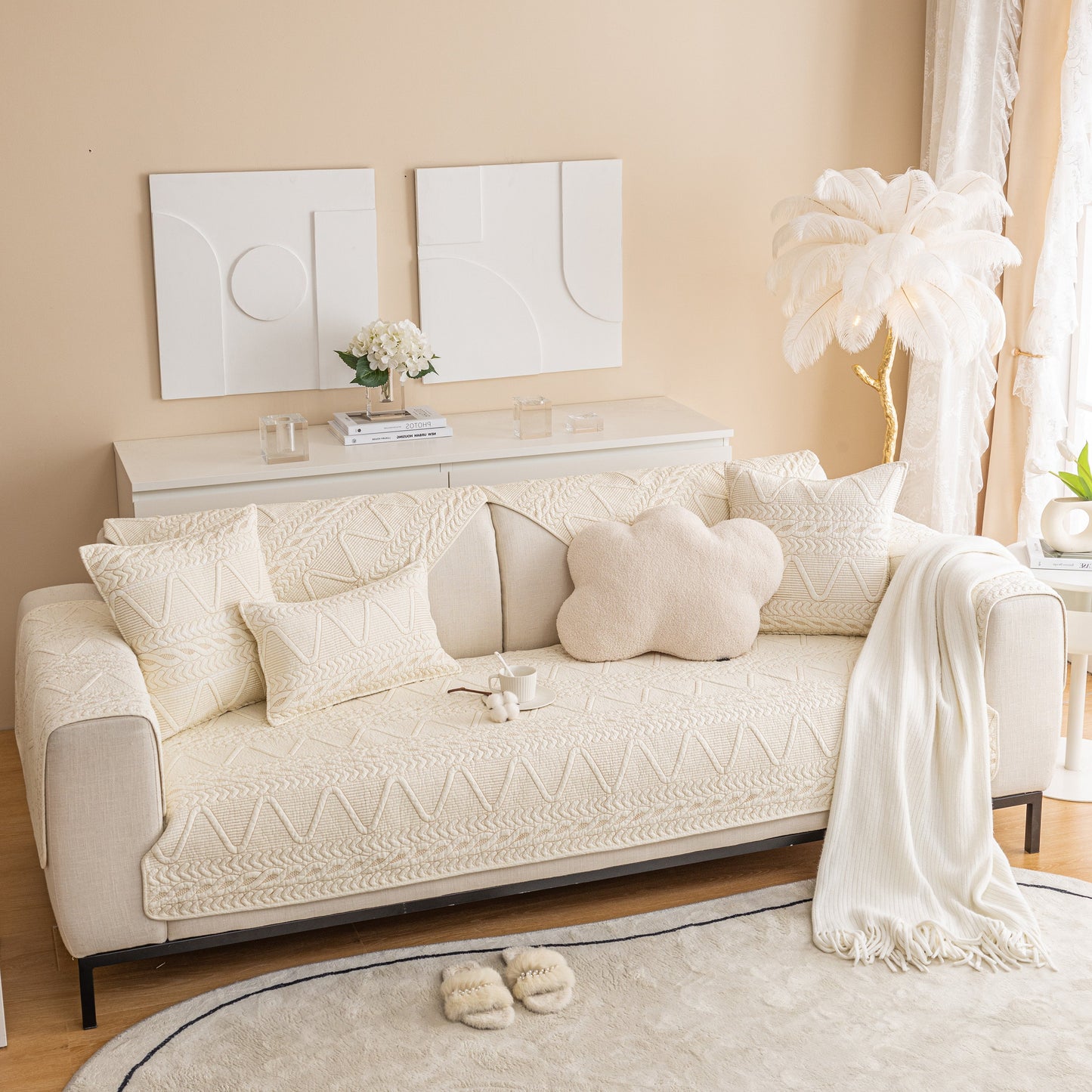 Geometric Textured Cotton Quilted Sofa Cover, Non-Slip Washable Couch Protector