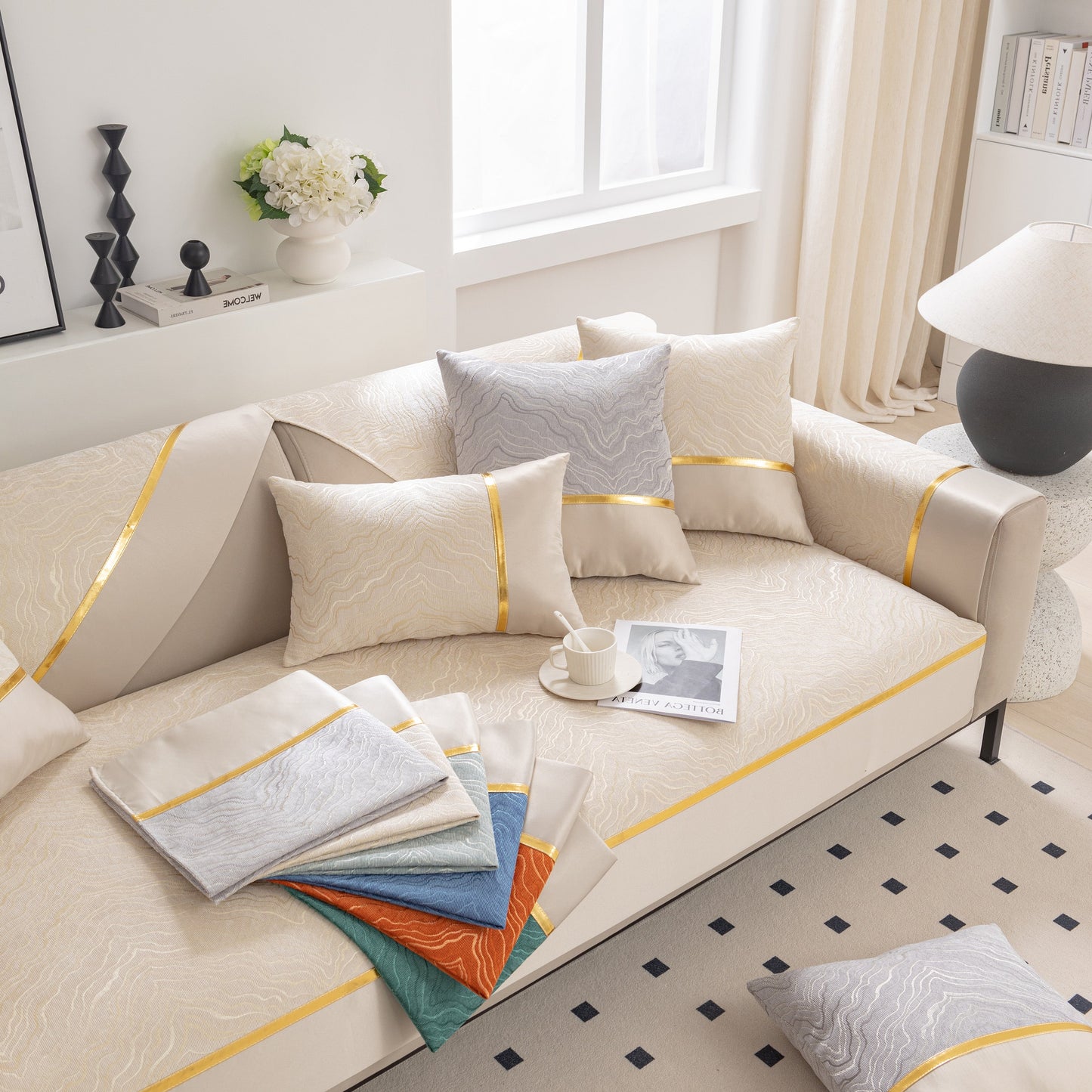 Modular Sofa Cover for Sectionals, Gold Striped Non-Slip Couch Protector