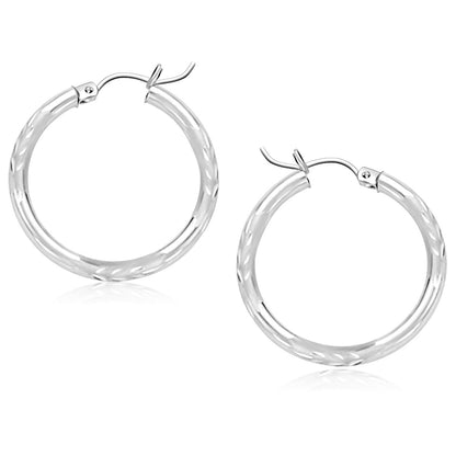 14k White Gold Diamond Cut Hoop Earrings (25 mm)