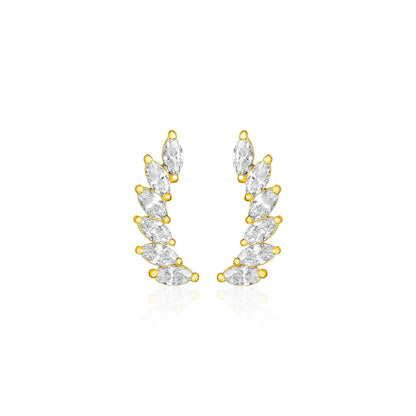 14k Yellow Gold Leaf Motif Climber Post Earrings with Marquise Cubic Zirconias