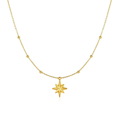 14k Yellow Gold Necklace with Eight Pointed Star and Beads