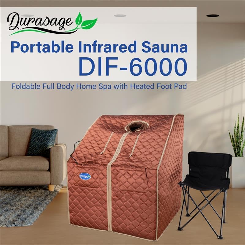 Durasage DIF-6000 Ultra-Low EMF Portable Foldable Infrared Sauna Full Body Home Spa with Heated Foot Pad, Extra Large, Near Infrared Red Light Equipped with Jade & Tourmaline Stones, Powerfull 1000W
