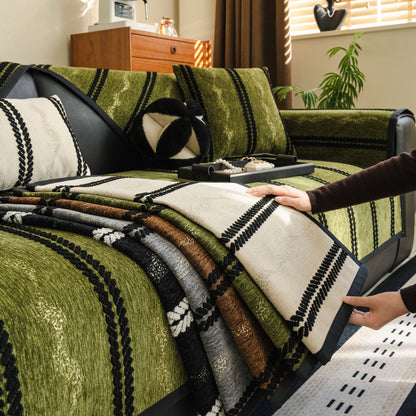 Non-Slip Sofa Cover with Thick Chenille Texture Woven Stripe Couch Protector Throw