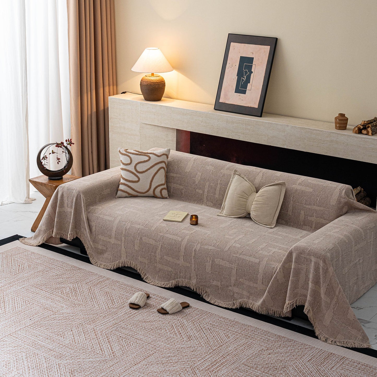 Chenille Sofa Cover Throw Blanket, Woven Textured Minimalist Wabi-Sabi Couch Cover