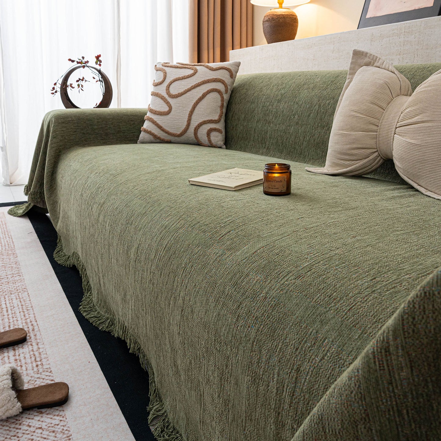 Chenille Sofa Cover Throw Blanket, Woven Textured Minimalist Wabi-Sabi Couch Cover
