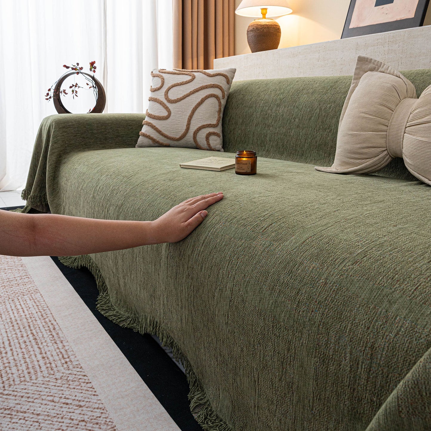 Chenille Sofa Cover Throw Blanket, Woven Textured Minimalist Wabi-Sabi Couch Cover