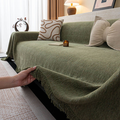 Chenille Sofa Cover Throw Blanket, Woven Textured Minimalist Wabi-Sabi Couch Cover