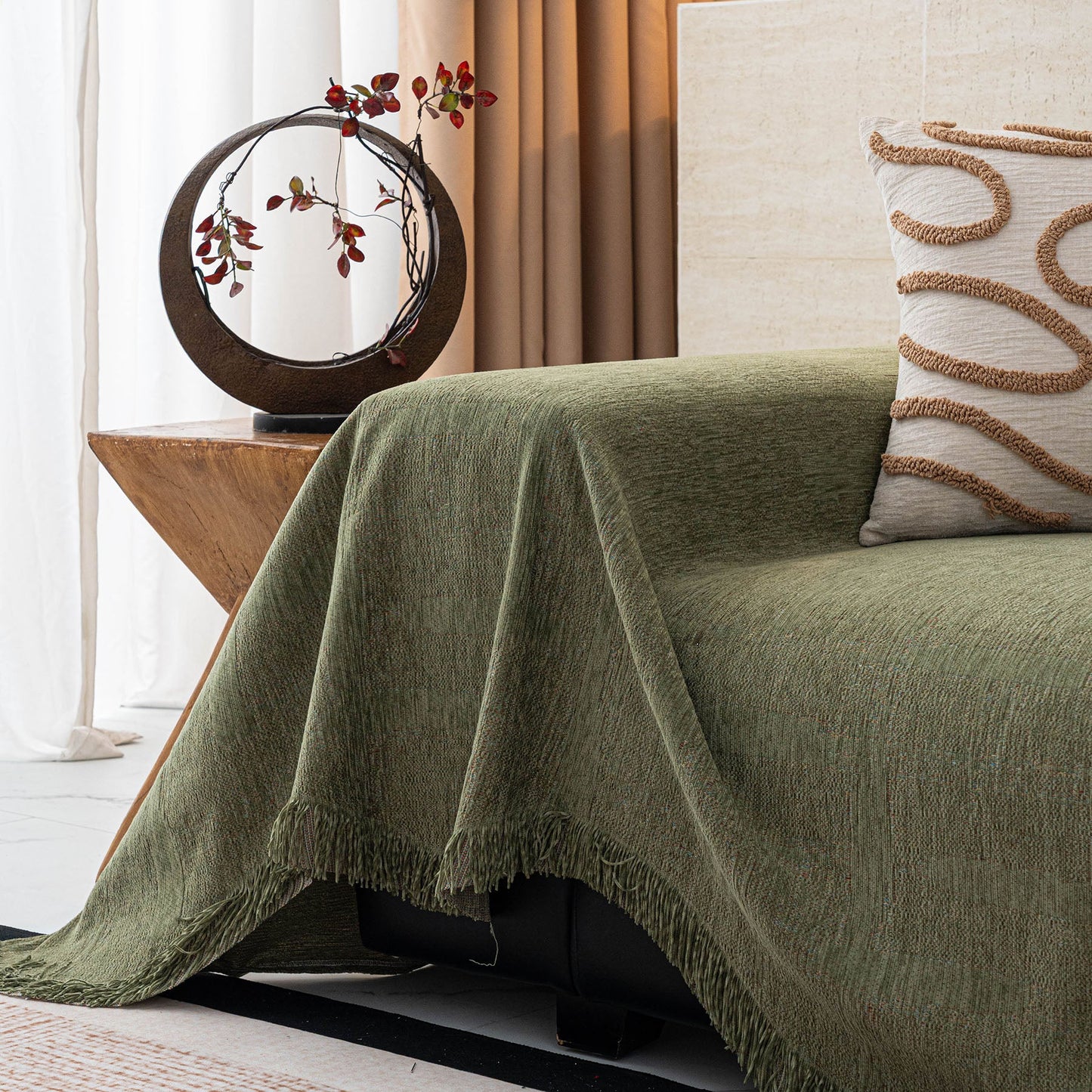 Chenille Sofa Cover Throw Blanket, Woven Textured Minimalist Wabi-Sabi Couch Cover