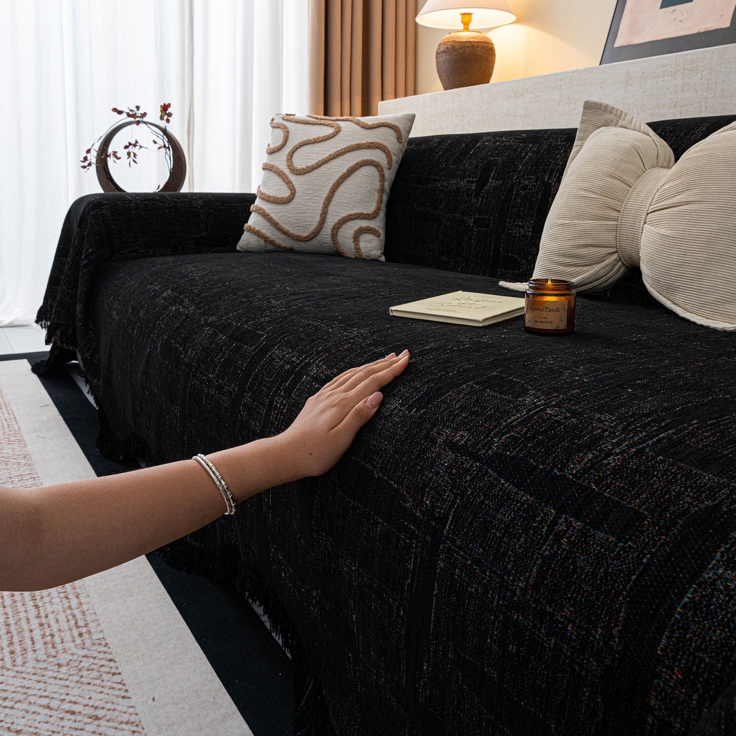 Chenille Sofa Cover Throw Blanket, Woven Textured Minimalist Wabi-Sabi Couch Cover