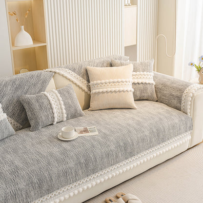 Soft Chenille Sectional Sofa Cover with Pom Pom Trim – Non-Slip Couch Protector