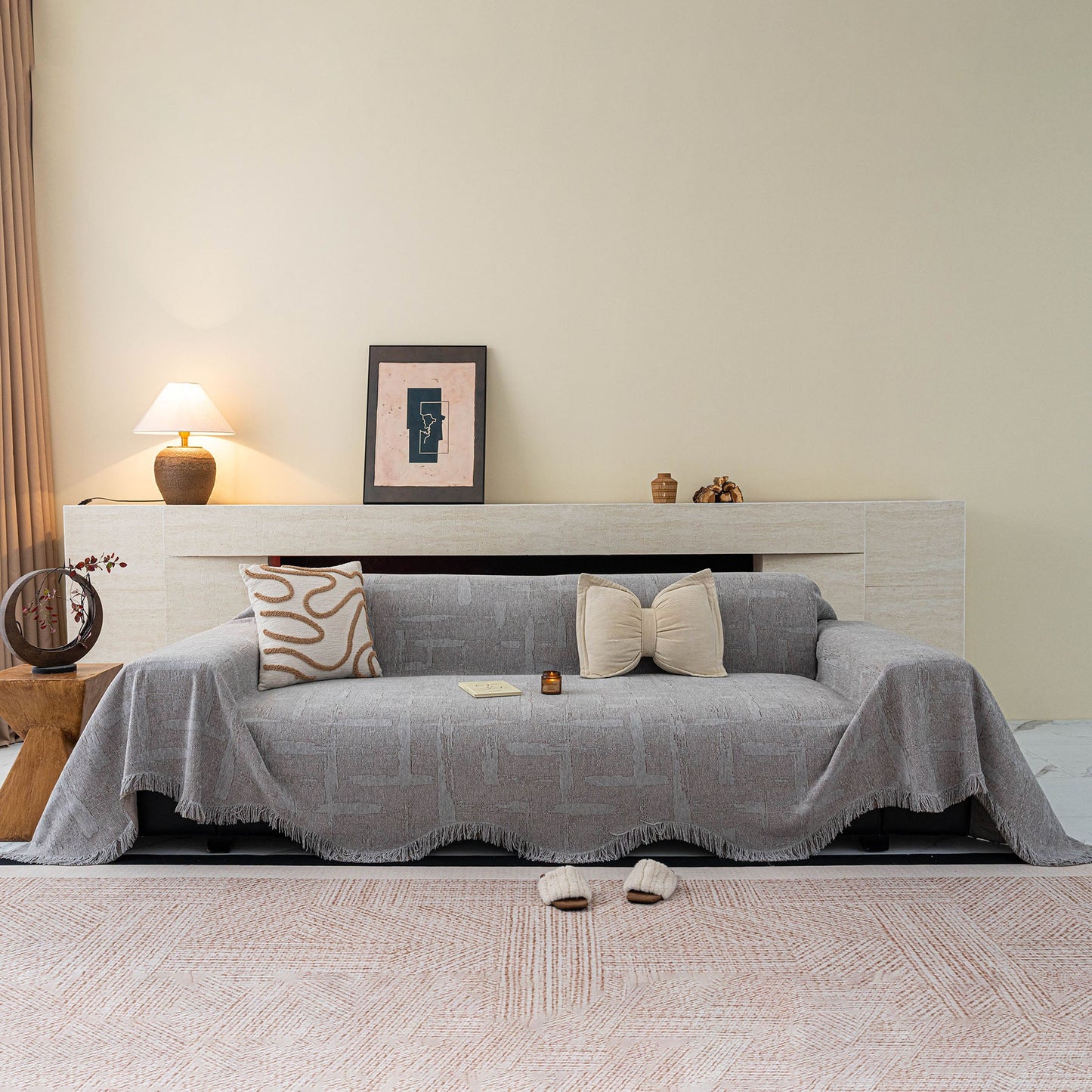 Chenille Sofa Cover Throw Blanket, Woven Textured Minimalist Wabi-Sabi Couch Cover