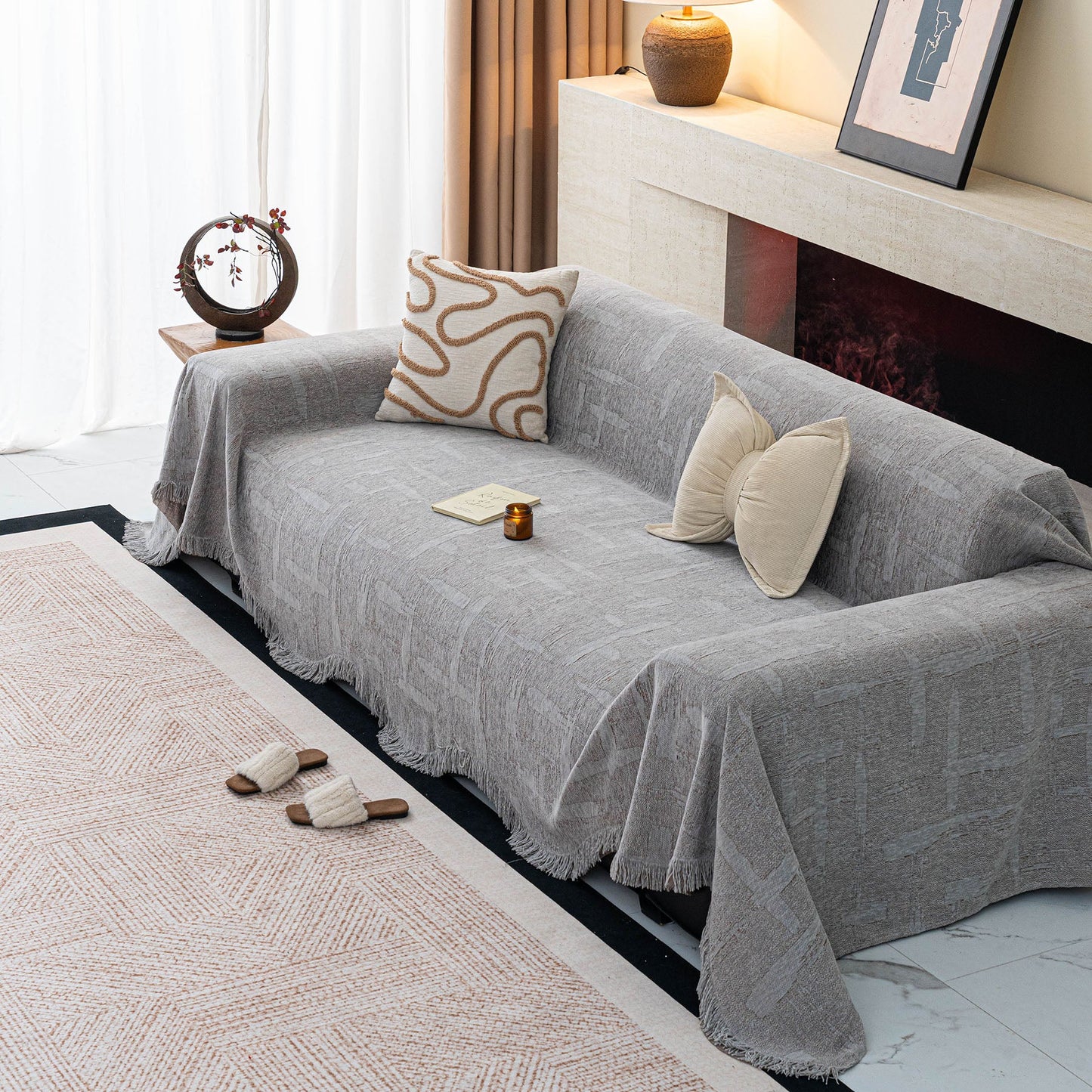 Chenille Sofa Cover Throw Blanket, Woven Textured Minimalist Wabi-Sabi Couch Cover