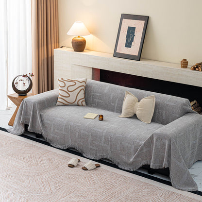 Chenille Sofa Cover Throw Blanket, Woven Textured Minimalist Wabi-Sabi Couch Cover