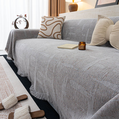 Chenille Sofa Cover Throw Blanket, Woven Textured Minimalist Wabi-Sabi Couch Cover