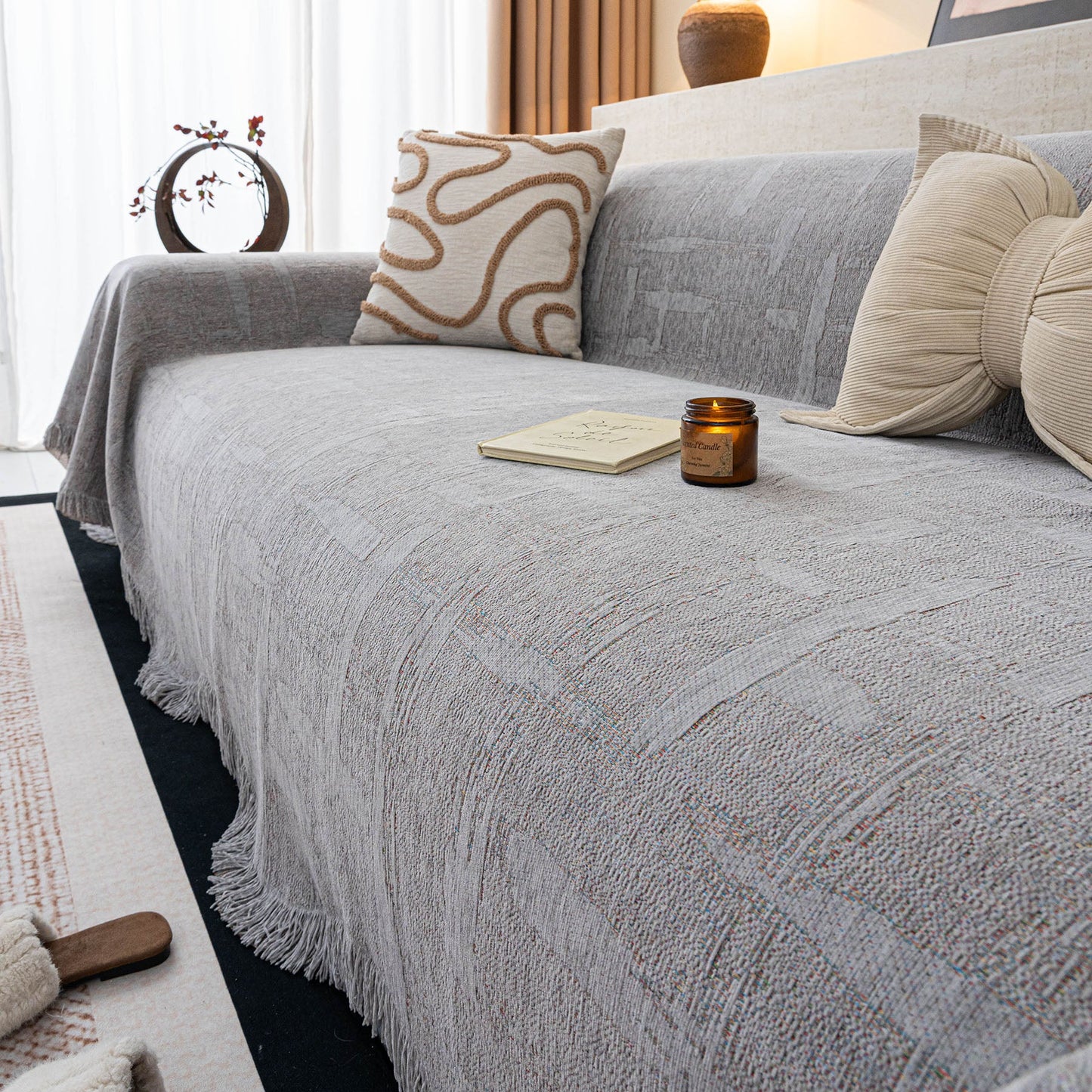 Chenille Sofa Cover Throw Blanket, Woven Textured Minimalist Wabi-Sabi Couch Cover