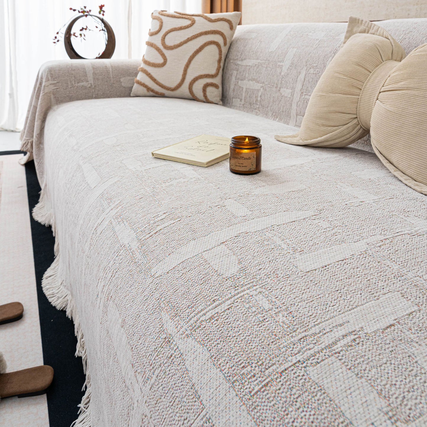 Chenille Sofa Cover Throw Blanket, Woven Textured Minimalist Wabi-Sabi Couch Cover