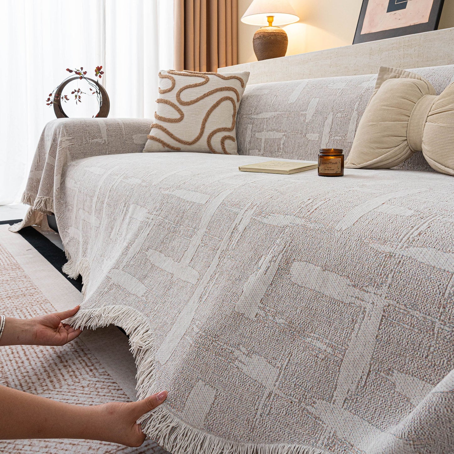 Chenille Sofa Cover Throw Blanket, Woven Textured Minimalist Wabi-Sabi Couch Cover