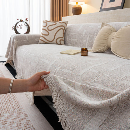 Chenille Sofa Cover Throw Blanket, Woven Textured Minimalist Wabi-Sabi Couch Cover