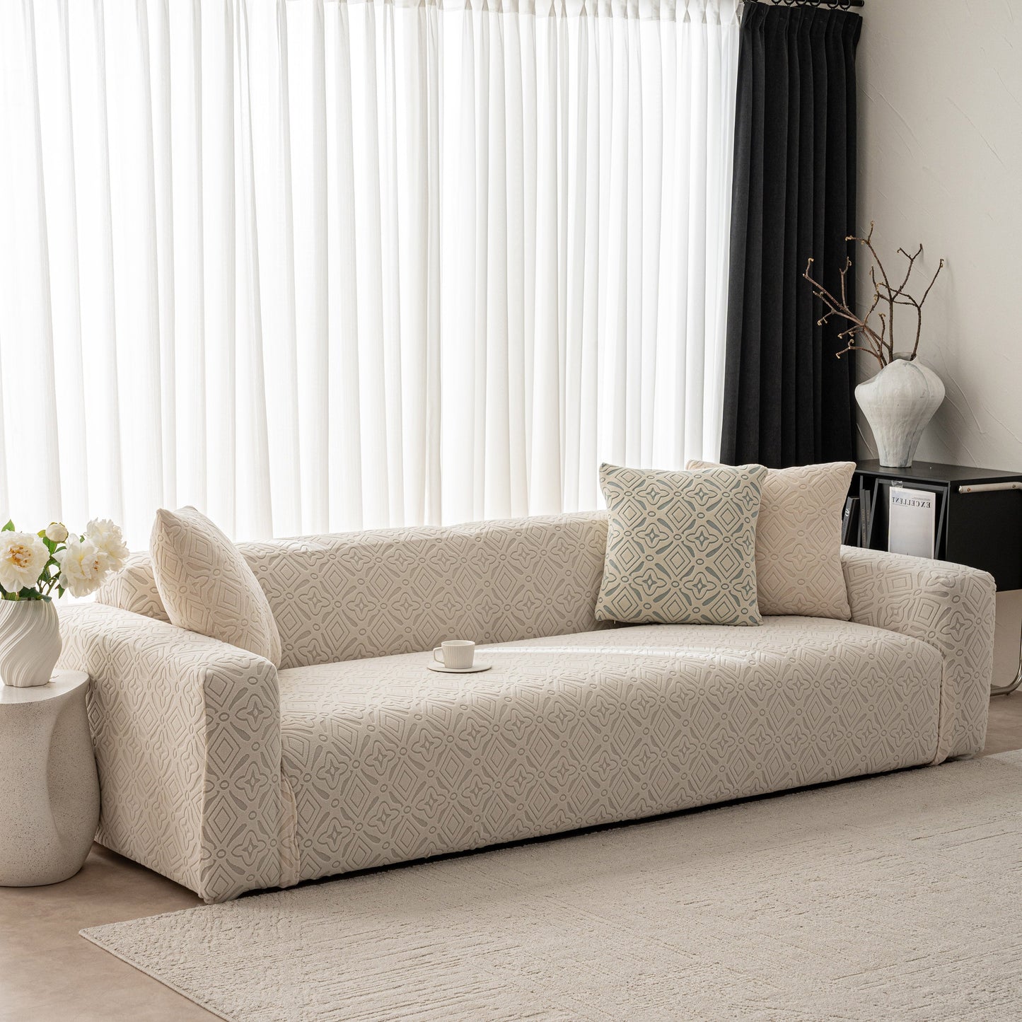 3D Jacquard Geometric Sofa Cover, High Stretch Soft Polar Fleece Slipcover for Couch