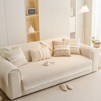 Soft Chenille Sectional Sofa Cover with Pom Pom Trim – Non-Slip Couch Protector