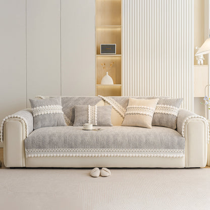 Soft Chenille Sectional Sofa Cover with Pom Pom Trim – Non-Slip Couch Protector