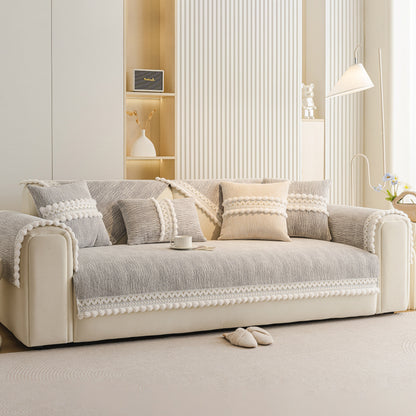 Soft Chenille Sectional Sofa Cover with Pom Pom Trim – Non-Slip Couch Protector