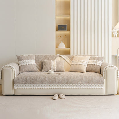 Soft Chenille Sectional Sofa Cover with Pom Pom Trim – Non-Slip Couch Protector