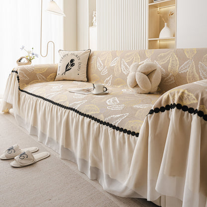 Leaf Jacquard Sofa Cover with Ruffle Skirt – Non-Slip Couch Protector with Sheer Hem