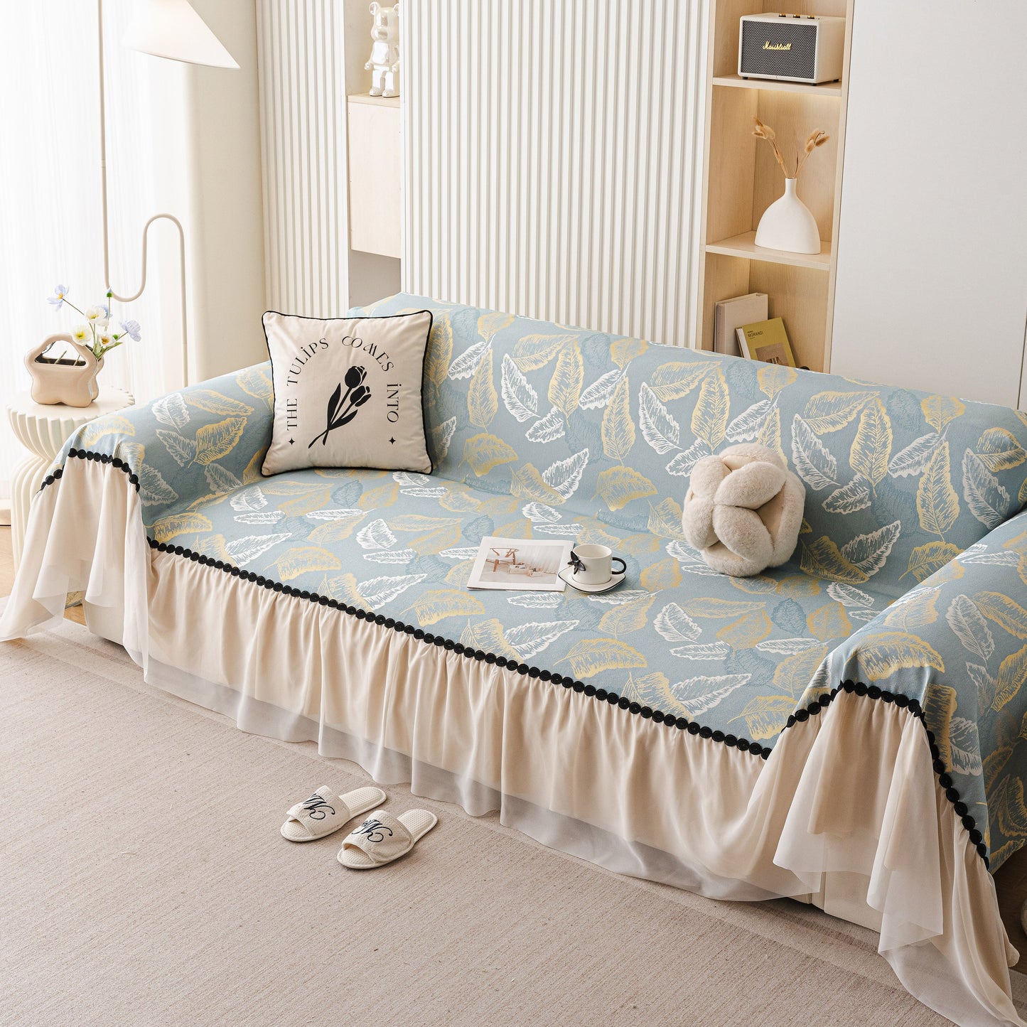 Leaf Jacquard Sofa Cover with Ruffle Skirt – Non-Slip Couch Protector with Sheer Hem
