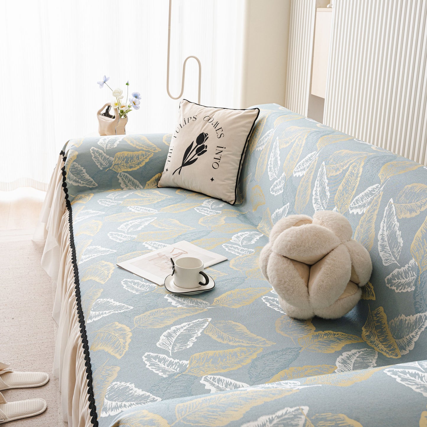 Leaf Jacquard Sofa Cover with Ruffle Skirt – Non-Slip Couch Protector with Sheer Hem