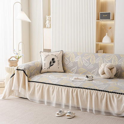 Leaf Jacquard Sofa Cover with Ruffle Skirt – Non-Slip Couch Protector with Sheer Hem