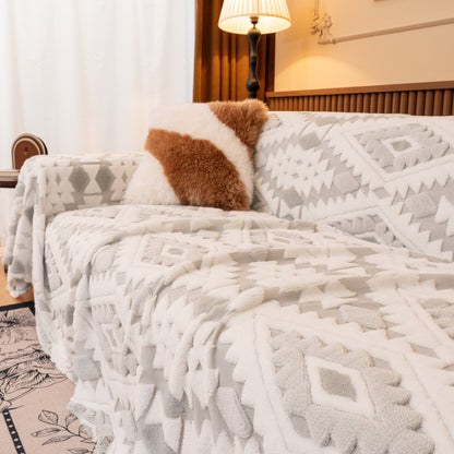 Bohemian Tufted Sofa Cover, Soft Sherpa Fleece Throw Blanket with 3D Aztec Geometric