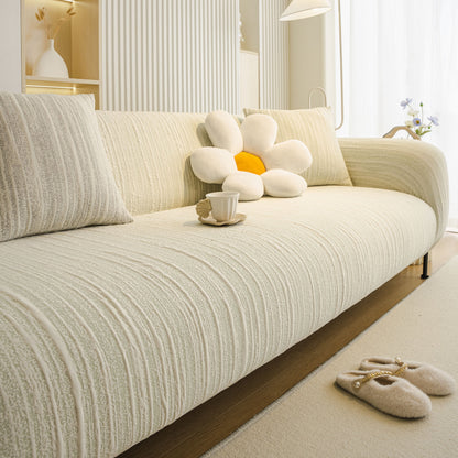 Ribbed Washable Sofa Cover, High Stretch Striped Couch Slipcover with Tie Straps