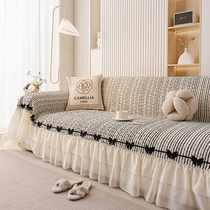 Ruffled Sofa Cover with Bowknot Decor, French Country Style Skirted Couch Slipcover